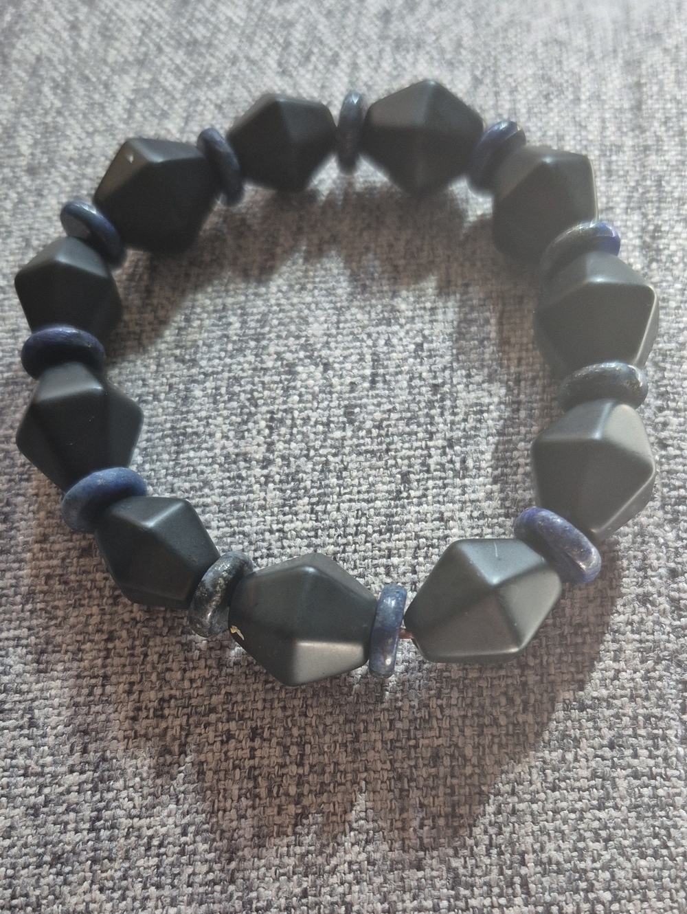 Geometric Matte Black Bead Stretch Bracelet with Navy Spacer Discs